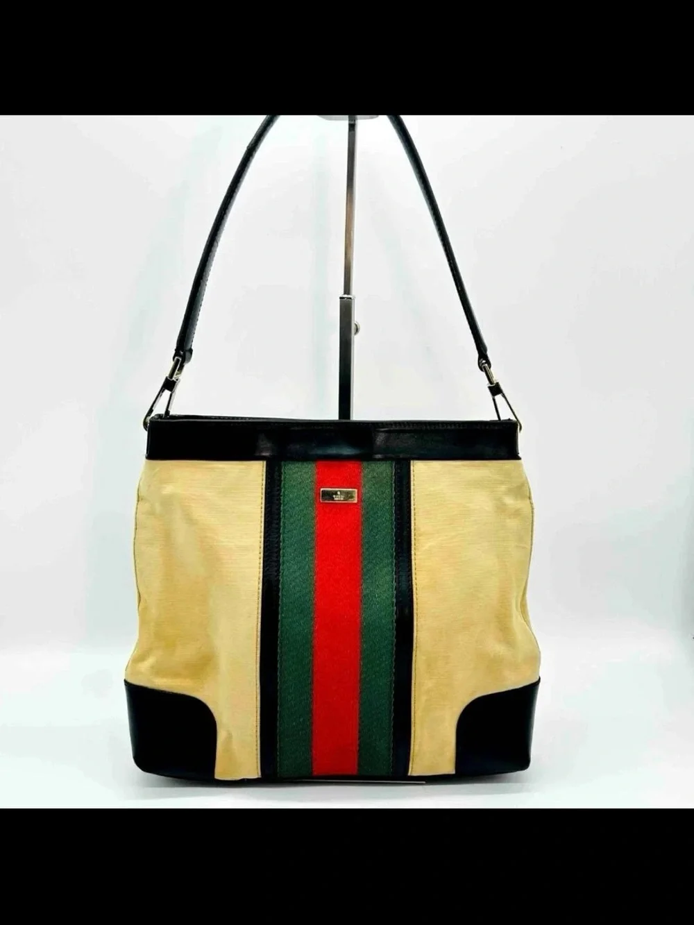 Gucci Beige Canvas Shoulder Bag with Green & Red Stripe and Black Trim